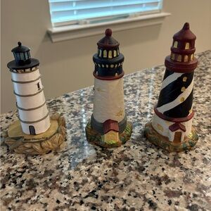 Small Coastal Lighthouse Trio - Black, White, Red, collectibles, nautical decor